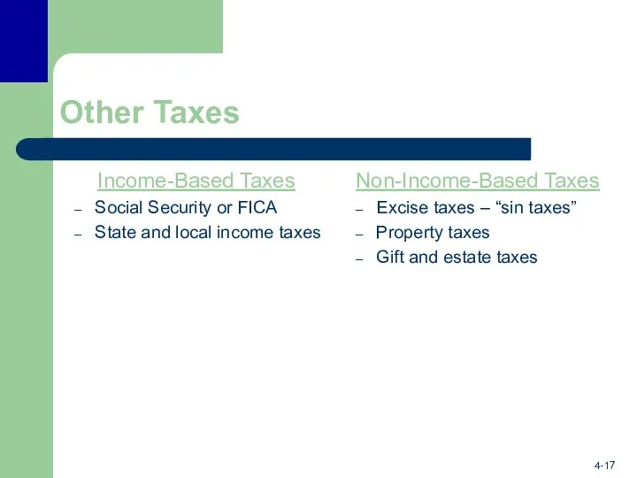 Other Taxes Income-Based Taxes Social Security or FICA State and