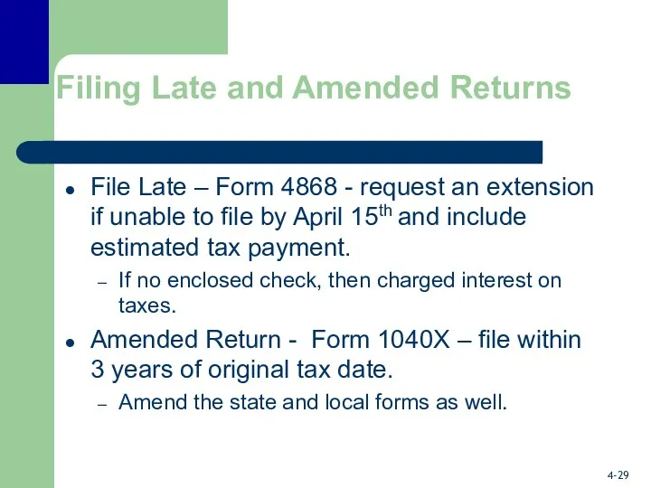 Filing Late and Amended Returns File Late – Form 4868