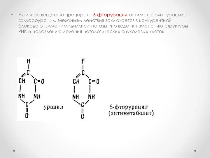 Активное вещество препарата 5-фторурацил антиметаболит урацила – флуороурацил. Механизм действия