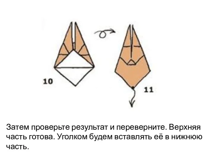 Затем проверьте результат и переверните. Верхняя часть готова. Уголком будем вставлять её в нижнюю часть.