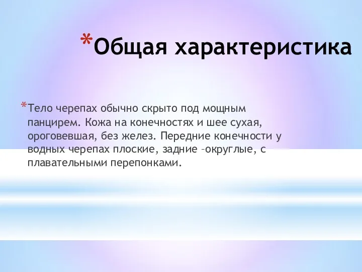 Общая характеристика Тело черепах обычно скрыто под мощным панцирем. Кожа