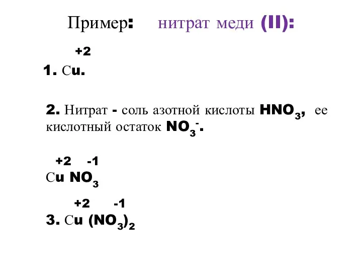 Пример: нитрат меди (II): +2 1. Сu. 2. Нитрат -