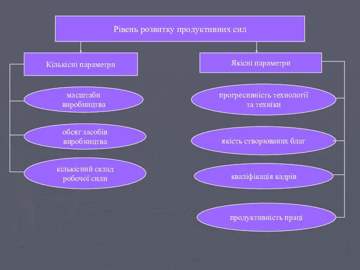 Рівень розвитку продуктивних сил Рівень розвитку продуктивних сил Кількісні параметри Якісні параметри масштаби