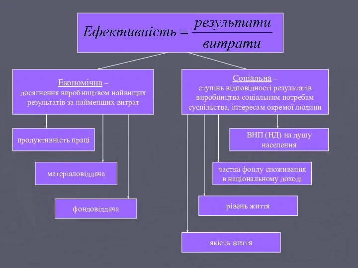 Економічна – досягнення виробництвом найвищих результатів за найменших витрат Економічна – досягнення виробництвом