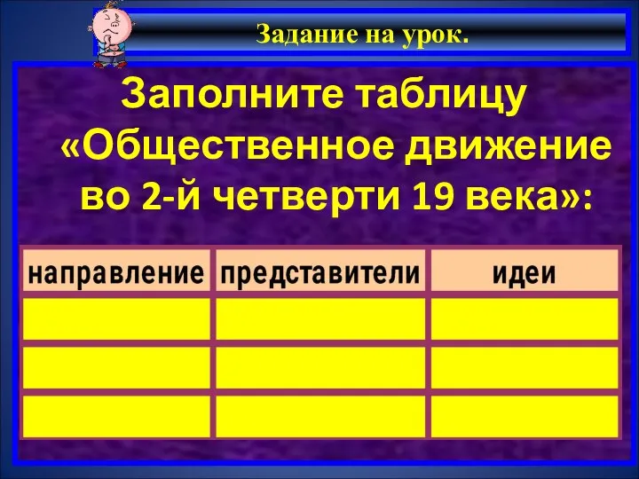 Задание на урок. Заполните таблицу «Общественное движение во 2-й четверти 19 века»: