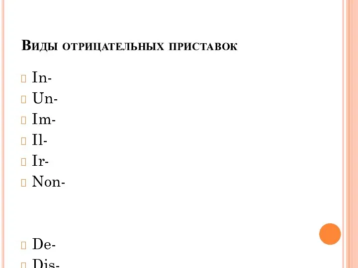 Виды отрицательных приставок In- Un- Im- Il- Ir- Non- De- Dis- Mis- A- Anti-