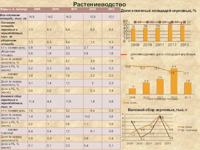 Растениеводство Доля посевных площадей зерновых, % Валовой сбор зерновых, тыс. т рекомендуемая доля площадей зерновых, %