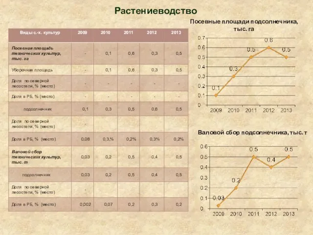 Растениеводство Посевные площади подсолнечника, тыс. га Валовой сбор подсолнечника, тыс. т