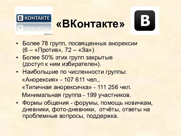 «ВКонтакте» Более 78 групп, посвященных анорексии (6 – «Против», 72