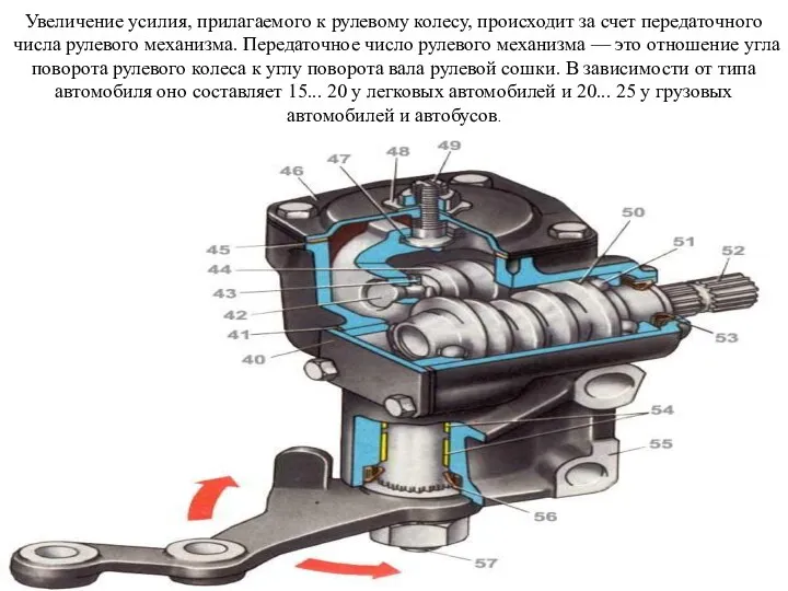 Увеличение усилия, прилагаемого к рулевому колесу, происходит за счет передаточного