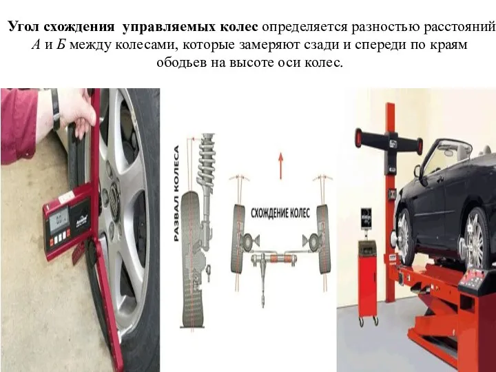 Угол схождения управляемых колес определяется разностью расстояний А и Б