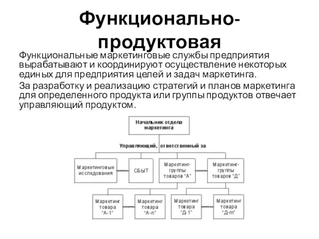 Функционально-продуктовая Функциональные маркетинговые службы предприятия вырабатывают и координируют осуществление некоторых