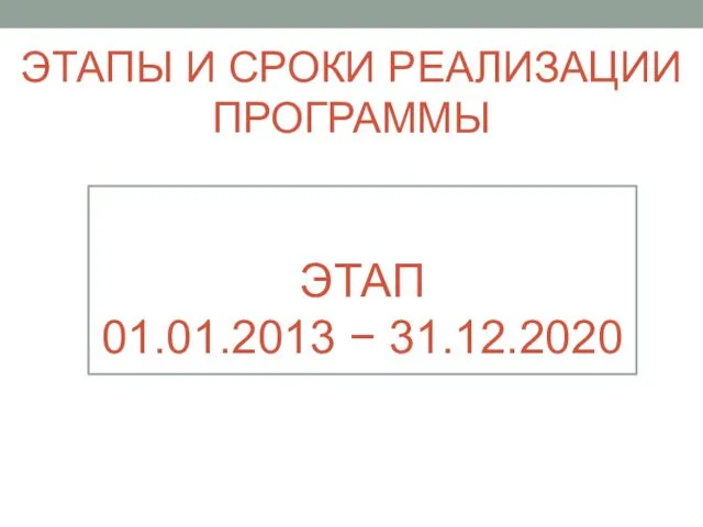 ЭТАПЫ И СРОКИ РЕАЛИЗАЦИИ ПРОГРАММЫ ЭТАП 01.01.2013 − 31.12.2020