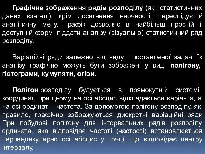 Графічне зображення рядів розподілу (як і статистичних даних взагалі), крім