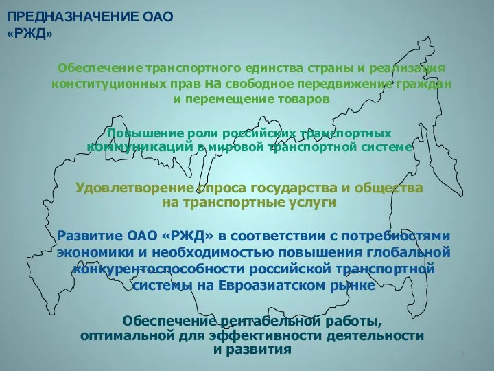 ПРЕДНАЗНАЧЕНИЕ ОАО «РЖД» Удовлетворение спроса государства и общества на транспортные