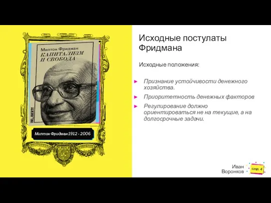 Милтон Фридман 1912 - 2006 Исходные постулаты Фридмана Исходные положения: