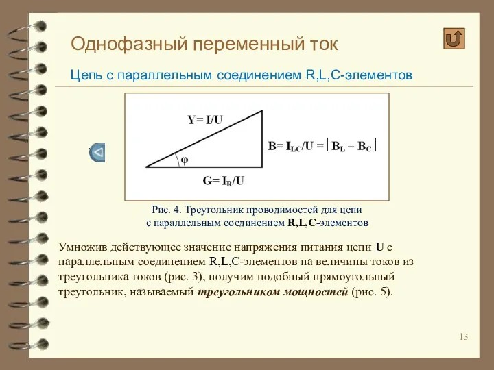 Однофазный переменный ток Цепь с параллельным соединением R,L,C-элементов Рис. 4.