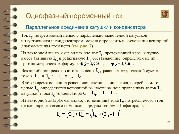 Однофазный переменный ток Параллельное соединение катушки и конденсатора Ток I2,