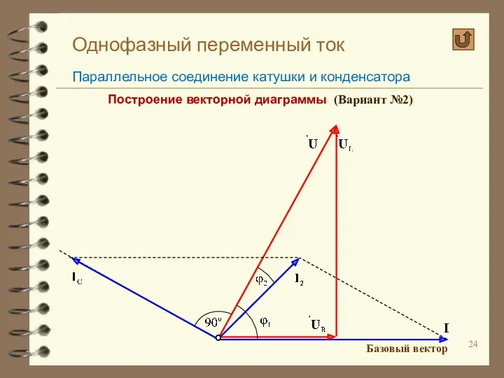 Однофазный переменный ток Параллельное соединение катушки и конденсатора Построение векторной диаграммы (Вариант №2) Базовый вектор