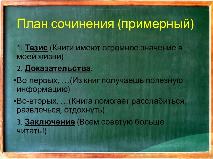 План сочинения (примерный) 1. Тезис (Книги имеют огромное значение в