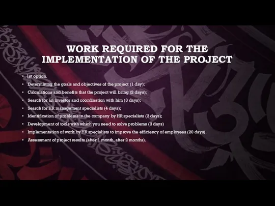 WORK REQUIRED FOR THE IMPLEMENTATION OF THE PROJECT 1st option.