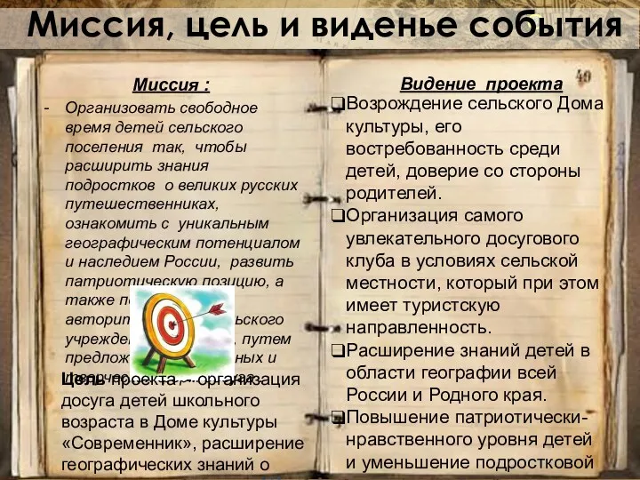 Видение проекта Миссия : Организовать свободное время детей сельского поселения