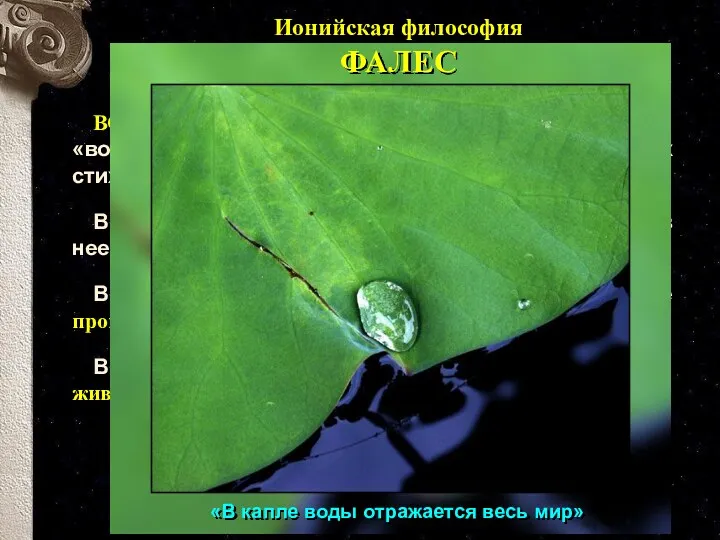 ВОДА - вот такое начало, полагает Фалес; под «водой» он