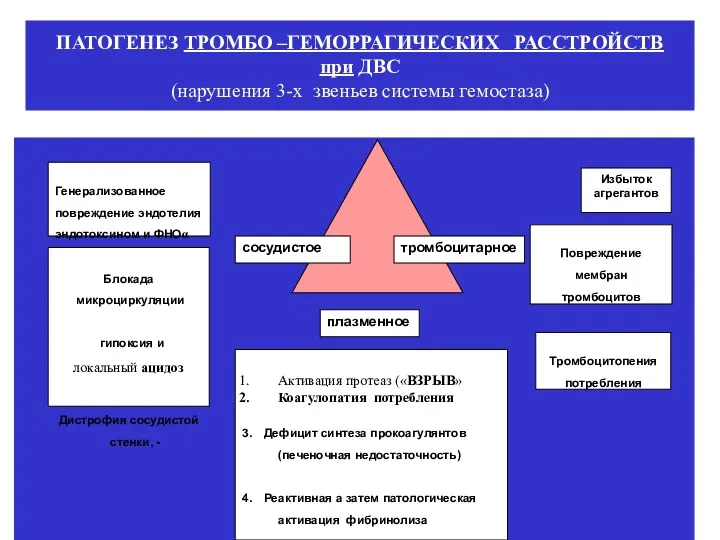 ПАТОГЕНЕЗ ТРОМБО –ГЕМОРРАГИЧЕСКИХ РАССТРОЙСТВ при ДВС (нарушения 3-х звеньев системы