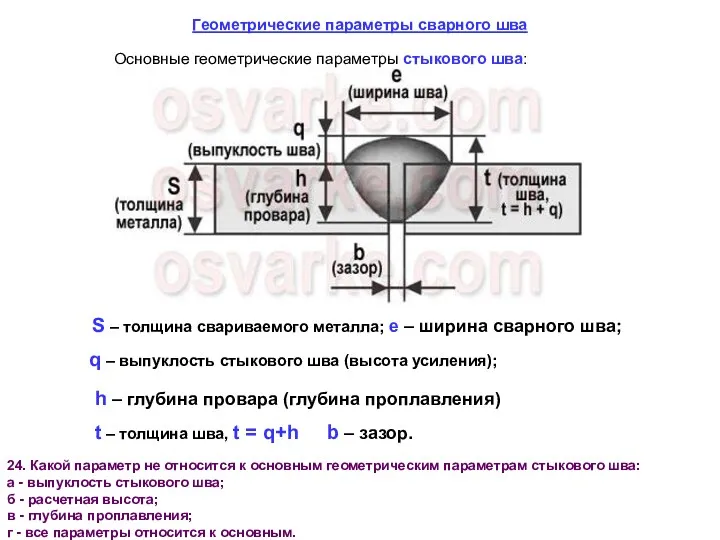 Геометрические параметры сварного шва Основные геометрические параметры стыкового шва: S