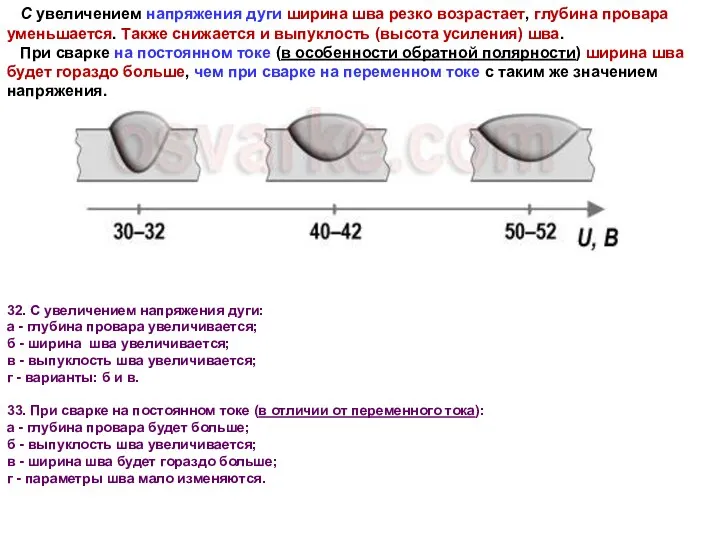 С увеличением напряжения дуги ширина шва резко возрастает, глубина провара