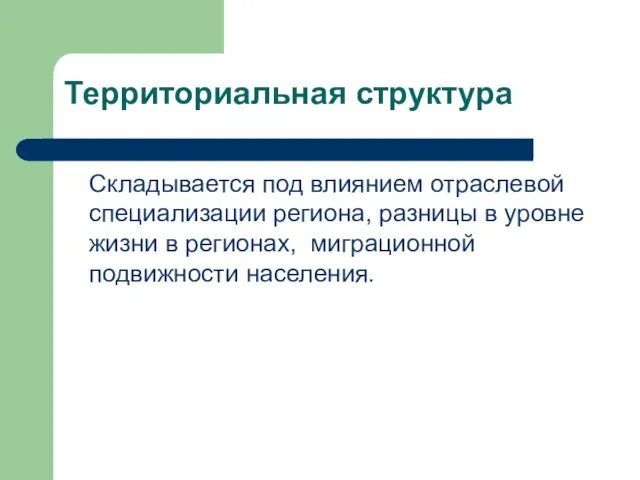 Территориальная структура Складывается под влиянием отраслевой специализации региона, разницы в