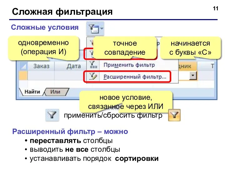 Сложная фильтрация Сложные условия одновременно (операция И) начинается с буквы