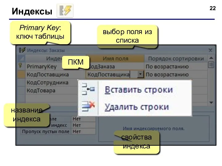 Индексы Primary Key: ключ таблицы выбор поля из списка название индекса свойства индекса