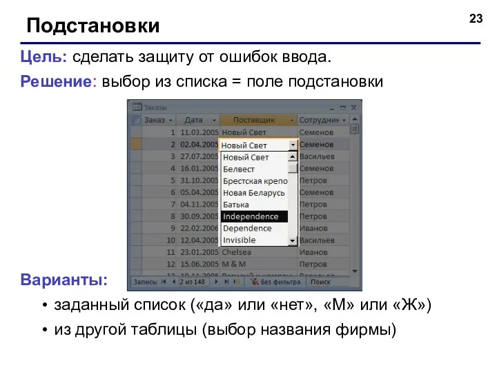 Подстановки Цель: сделать защиту от ошибок ввода. Решение: выбор из