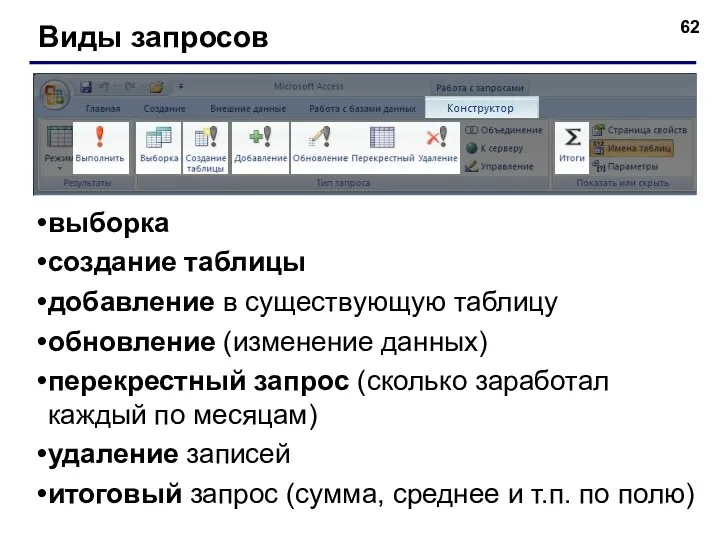 Виды запросов выборка создание таблицы добавление в существующую таблицу обновление