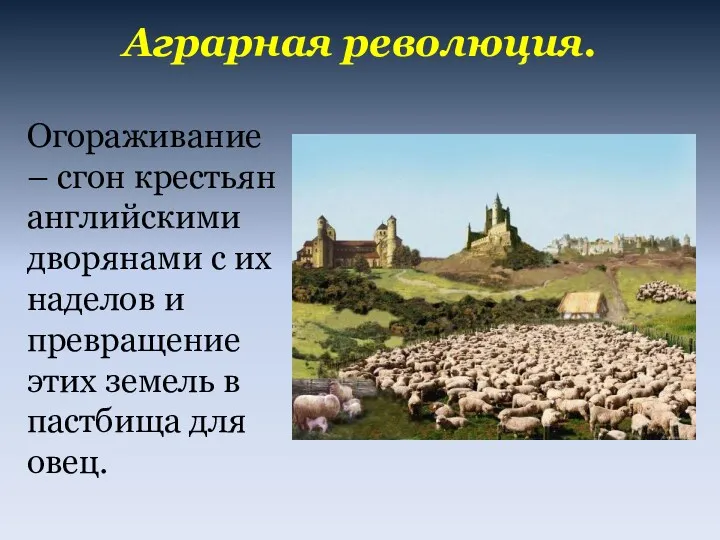 Аграрная революция. Огораживание – сгон крестьян английскими дворянами с их