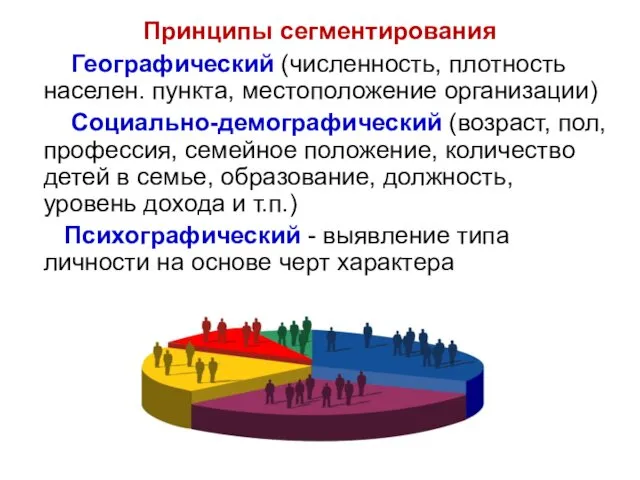 Принципы сегментирования Географический (численность, плотность населен. пункта, местоположение организации) Социально-демографический (возраст, пол, профессия,