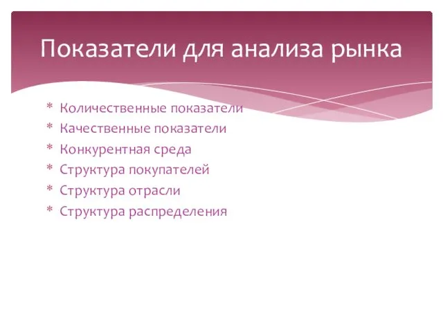 Количественные показатели Качественные показатели Конкурентная среда Структура покупателей Структура отрасли Структура распределения Показатели для анализа рынка