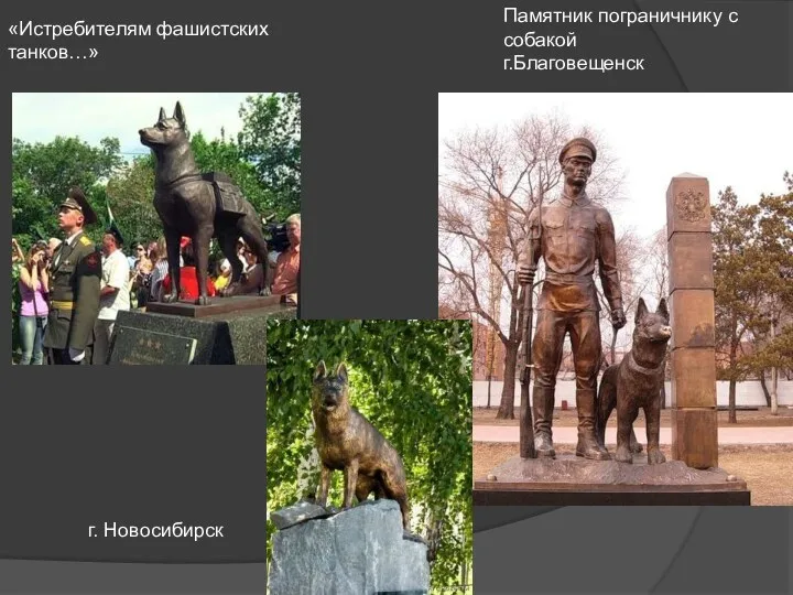 Памятник пограничнику с собакой г.Благовещенск г. Новосибирск «Истребителям фашистских танков…»