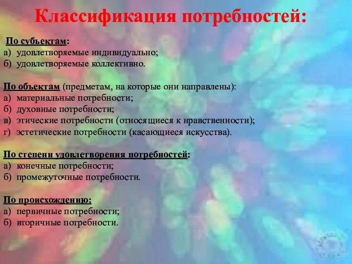 Классификация потребностей: По субъектам: а) удовлетворяемые индивидуально; б) удовлетворяемые коллективно.