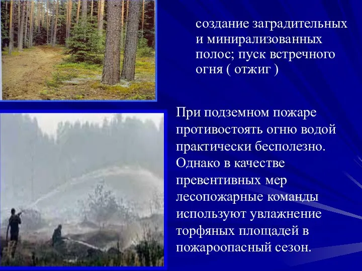 создание заградительных и минирализованных полос; пуск встречного огня ( отжиг