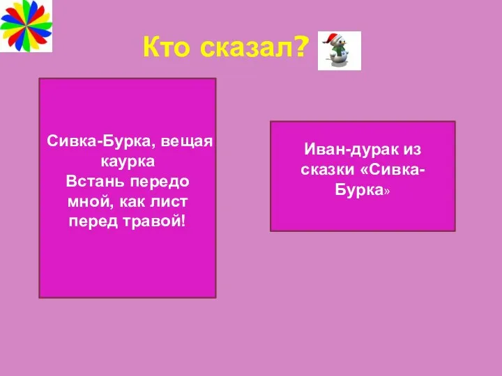 Кто сказал? Сивка-Бурка, вещая каурка Встань передо мной, как лист перед травой! Иван-дурак из сказки «Сивка-Бурка»