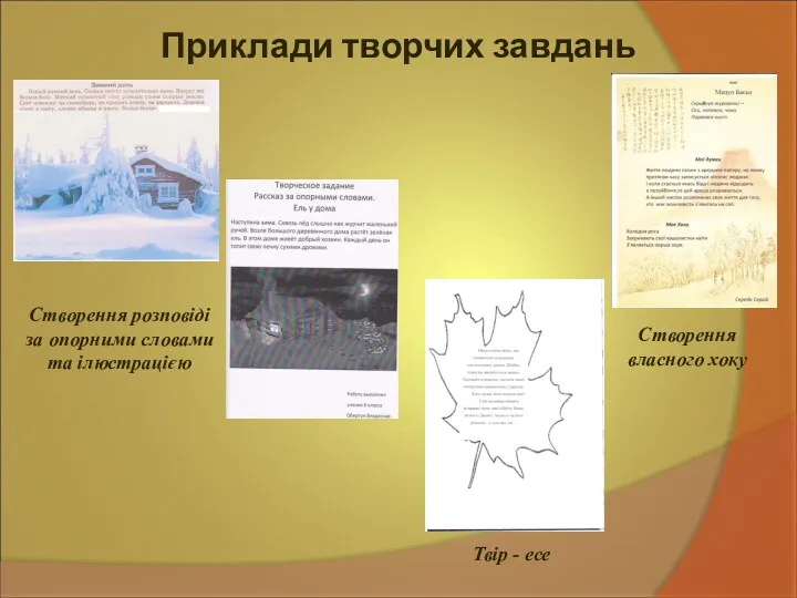 Приклади творчих завдань Створення власного хоку Створення розповіді за опорними словами та ілюстрацією Твір - есе