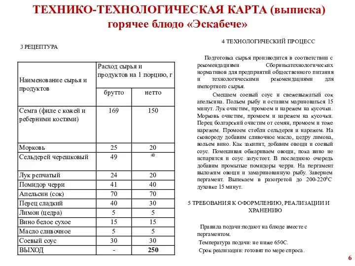 ТЕХНИКО-ТЕХНОЛОГИЧЕСКАЯ КАРТА (выписка) горячее блюдо «Эскабече» 4 ТЕХНОЛОГИЧЕСКИЙ ПРОЦЕСС Подготовка