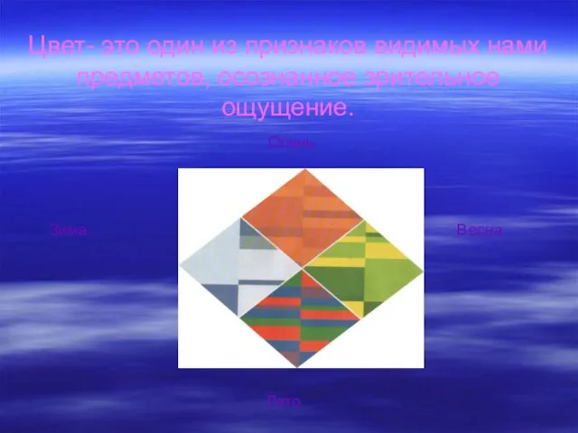 Цвет- это один из признаков видимых нами предметов, осознанное зрительное ощущение. Осень Зима Весна Лето