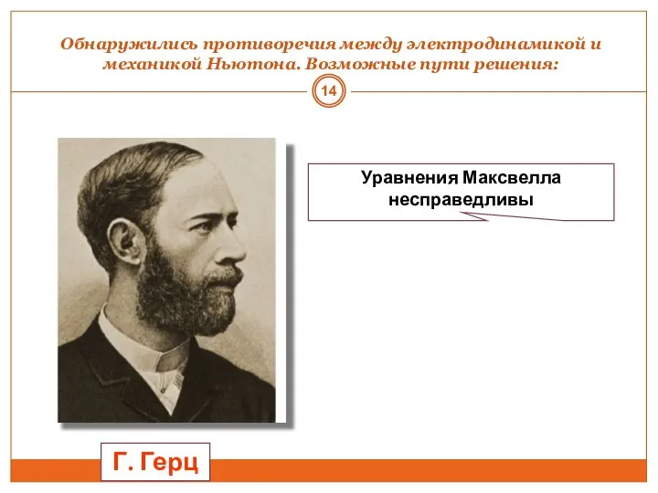 Обнаружились противоречия между электродинамикой и механикой Ньютона. Возможные пути решения: Г. Герц Уравнения Максвелла несправедливы