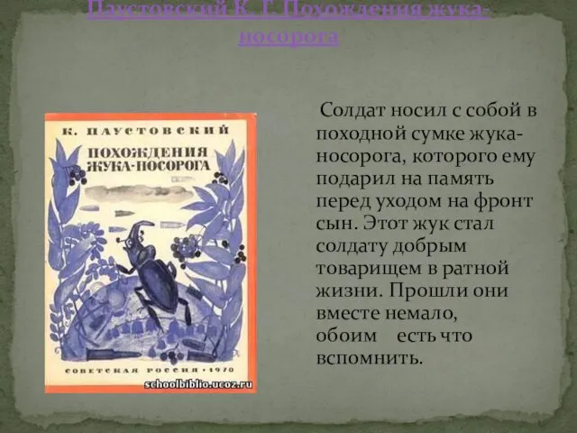 Паустовский К. Г. Похождения жука-носорога Солдат носил с собой в