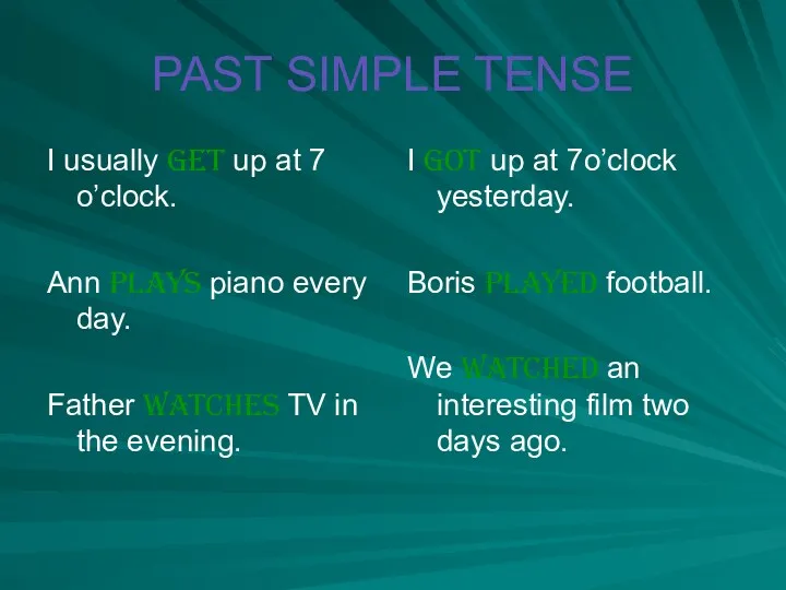 PAST SIMPLE TENSE I usually get up at 7 o’clock.