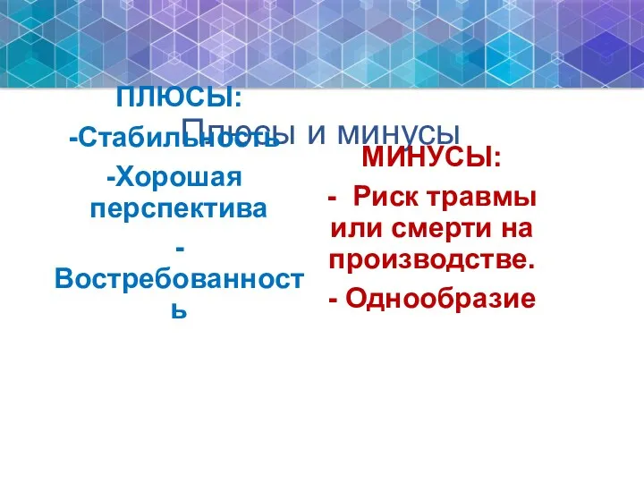 Плюсы и минусы ПЛЮСЫ: Стабильность Хорошая перспектива - Востребованность МИНУСЫ: