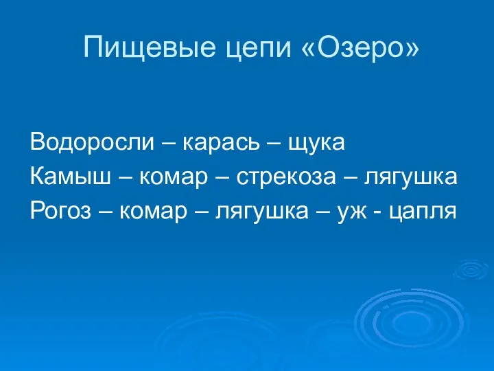 Пищевые цепи «Озеро» Водоросли – карась – щука Камыш –